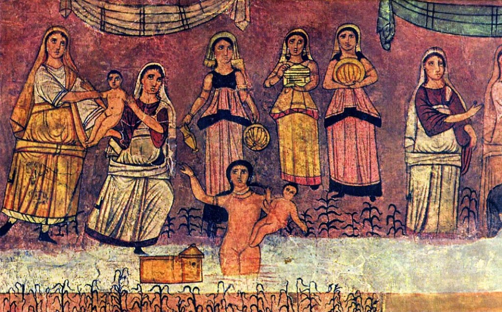 fresco from dura-europa of egyptian princess pulling moses from water while Jochobed, Miriam, and the princess' attendants look on.